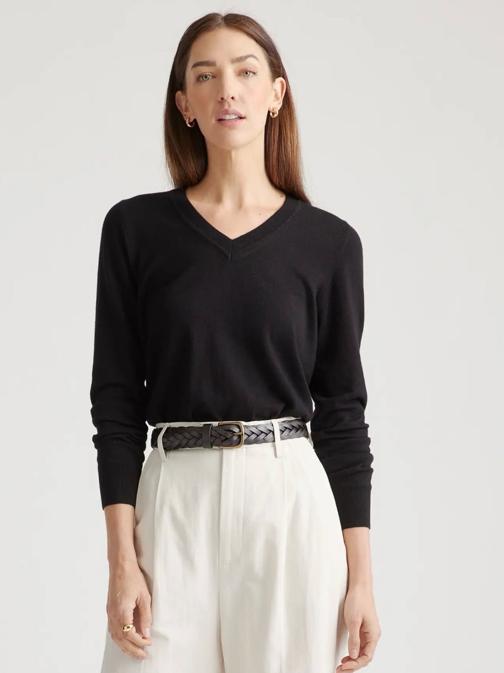 Quince Cotton/Cashmere Black V-Neck Sweater